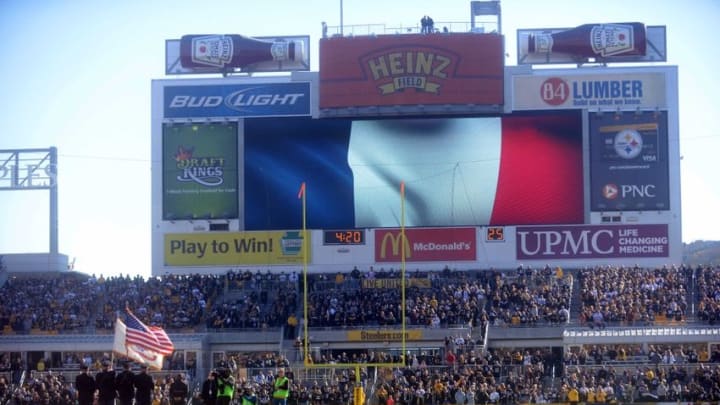 Nov 15, 2015; Pittsburgh, PA, USA; A moment of silence for the victims of a terror attack in France before the Pittsburgh Steelers and Cleveland Browns game at Heinz Field. Mandatory Credit: Jason Bridge-USA TODAY Sports