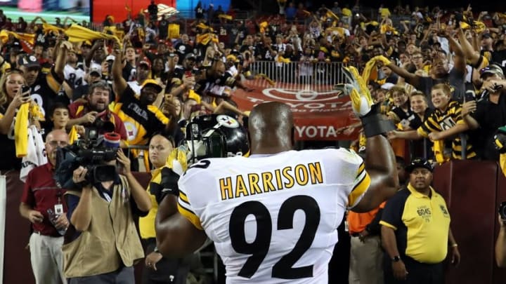 Sep 12, 2016; Landover, MD, USA; Pittsburgh Steelers linebacker James Harrison (92) celebrates while leaving the field after the Steelers