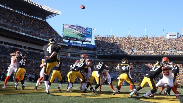 Jan 1, 2017; Pittsburgh, PA, USA; Pittsburgh Steelers punter Jordan Berry (4) punts the ball from his end zone against the Cleveland Browns during the second quarter at Heinz Field. Mandatory Credit: Charles LeClaire-USA TODAY Sports
