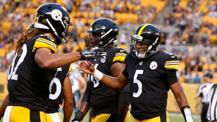 PITTSBURGH, PA - AUGUST 30: Joshua Dobbs #5 of the Pittsburgh Steelers celebrates after rushing for a 3 yard touchdown in the first quarter against the Carolina Panthers during a preseason game on August 30, 2018 at Heinz Field in Pittsburgh, Pennsylvania. (Photo by Justin K. Aller/Getty Images)