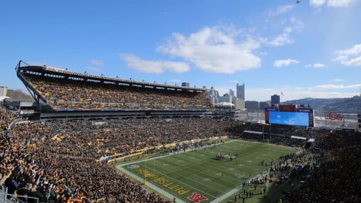PITTSBURGH, PA - JANUARY 14: A view of the the field during a fly over by F-16 jets before kickoff of the AFC Divisional Playoff game between the Pittsburgh Steelers and the Jacksonville Jaguars at Heinz Field on January 14, 2018 in Pittsburgh, Pennsylvania. (Photo by Brett Carlsen/Getty Images)