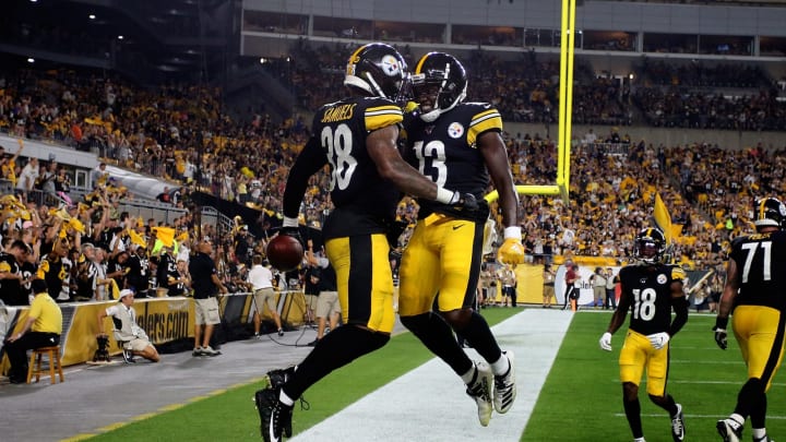 PITTSBURGH, PA – AUGUST 17: Jaylen Samuels #38 celebrates with James Washington #13 of the Pittsburgh Steelers after rushing for a 14 yard touchdown in the second quarter against the Kansas City Chiefs during a preseason game at Heinz Field on August 17, 2019 in Pittsburgh, Pennsylvania. (Photo by Justin K. Aller/Getty Images)