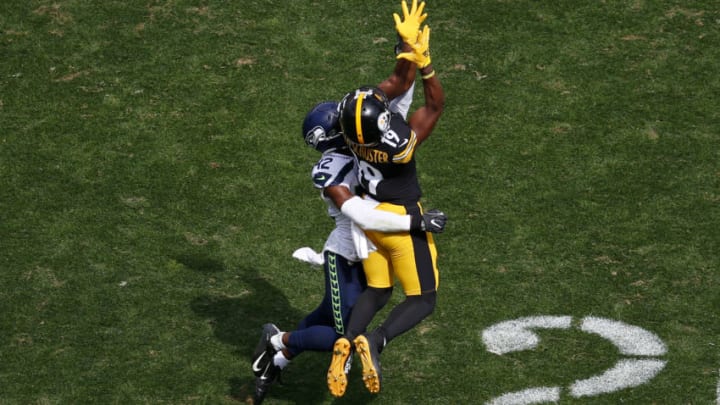 PITTSBURGH, PA - SEPTEMBER 15: JuJu Smith-Schuster #19 of the Pittsburgh Steelers makes a catch against Lano Hill #42 of the Seattle Seahawks on September 15, 2019 at Heinz Field in Pittsburgh, Pennsylvania. (Photo by Justin K. Aller/Getty Images)