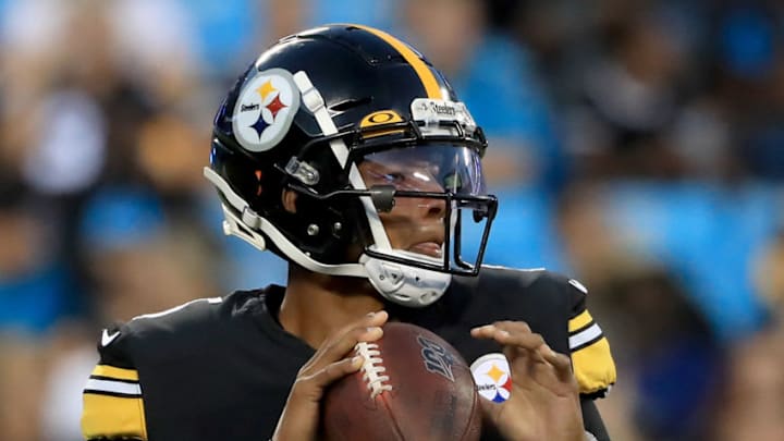 CHARLOTTE, NORTH CAROLINA - AUGUST 29: Joshua Dobbs #5 of the Pittsburgh Steelers drops back to pass against the Carolina Panthers during their preseason game at Bank of America Stadium on August 29, 2019 in Charlotte, North Carolina. (Photo by Streeter Lecka/Getty Images)