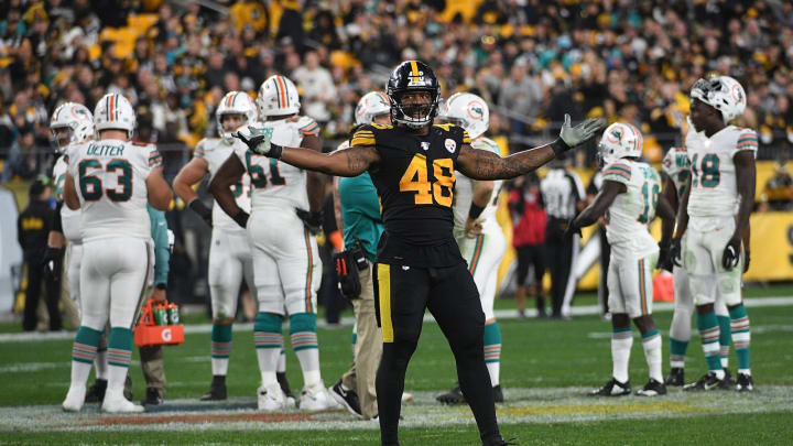 PITTSBURGH, PA – OCTOBER 28: Bud Dupree #48 of the Pittsburgh Steelers attempts to pump up the crowd in the second half during the game against the Miami Dolphins at Heinz Field on October 28, 2019 in Pittsburgh, Pennsylvania. (Photo by Justin Berl/Getty Images)