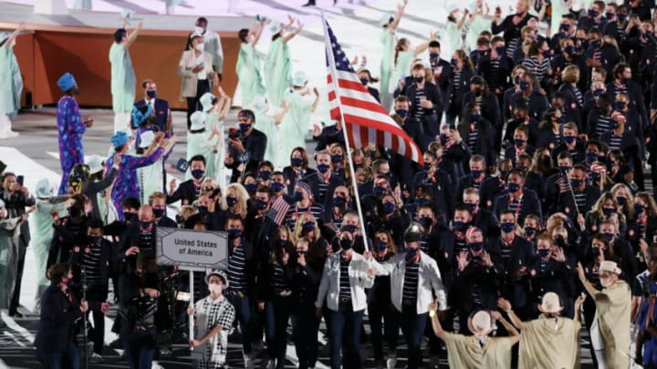 TOKYO, JAPAN - JULY 23: Team USA walk in the parade during the Opening Ceremony of the Tokyo 2020 Olympic Games at Olympic Stadium on July 23, 2021 in Tokyo, Japan. (Photo by Xavier Laine/Getty Images)