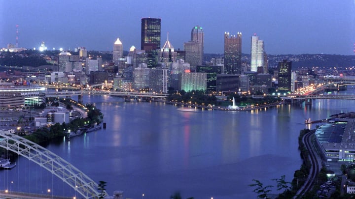View of the downtown Pittsburgh skyline at dusk, showing the Allegheny and Monongahela rivers joining. (Photo by Steven Adams/Getty Images)