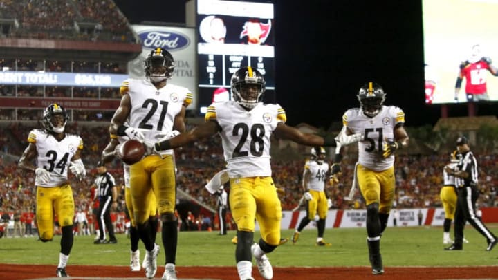 TAMPA, FL - SEPTEMBER 24: Cornerback Mike Hilton #28 of the Pittsburgh Steelers celebrates his interception during the second quarter of a game against the Tampa Bay Buccaneers on September 24, 2018 at Raymond James Stadium in Tampa, Florida. (Photo by Brian Blanco/Getty Images)
