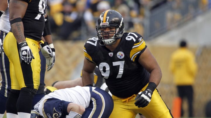 PITTSBURGH, PA – DECEMBER 24: Cameron Heyward #97 of the Pittsburgh Steelers gets up after sacking Kellen Clemens #10 of hte St. Louis Rams during the game on December 24, 2011 at Heinz Field in Pittsburgh, Pennsylvania. The Steelers won 27-0. (Photo by Justin K. Aller/Getty Images)