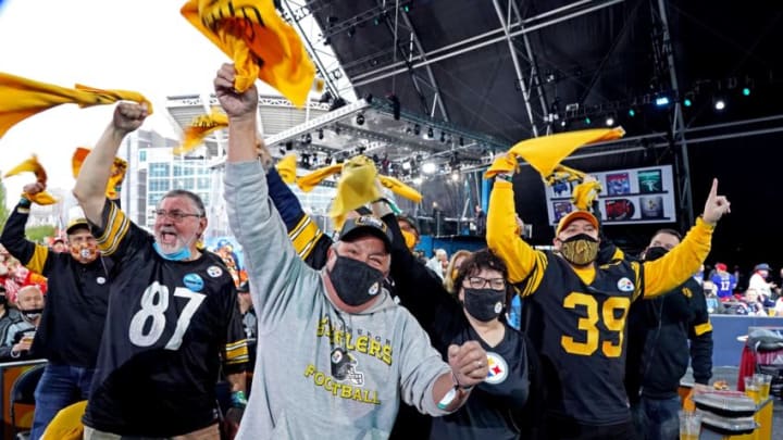 Apr 29, 2021; Cleveland, Ohio, USA; Pittsburgh Steelers fans cheer before the 2021 NFL Draft at First Energy Stadium. Mandatory Credit: Kirby Lee-USA TODAY Sports