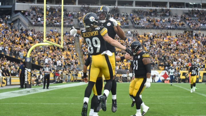 Aug 13, 2022; Pittsburgh, Pennsylvania, USA; Pittsburgh Steelers wide receiver Gunner Olszewski (89) celebrates a first quarter touchdown with teammate Connor Heyward (83) during the firswt quarter against the Seattle Seahawks at Acrisure Stadium. Mandatory Credit: Philip G. Pavely-USA TODAY Sports