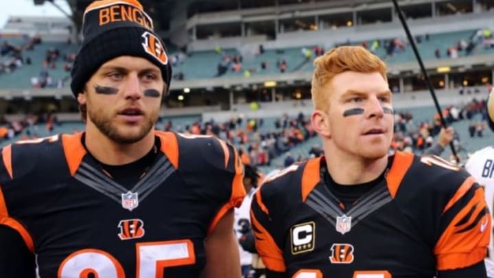 Nov 29, 2015; Cincinnati, OH, USA; Cincinnati Bengals tight end Tyler Eifert (85) and quarterback Andy Dalton (14) against the St. Louis Rams at Paul Brown Stadium. The Bengals won 31-7. Mandatory Credit: Aaron Doster-USA TODAY Sports Nov 29, 2015; Cincinnati, OH, USA; Cincinnati Bengals tight end Tyler Eifert (85) and quarterback Andy Dalton (14) against the St. Louis Rams at Paul Brown Stadium. The Bengals won 31-7. Mandatory Credit: Aaron Doster-USA TODAY Sports