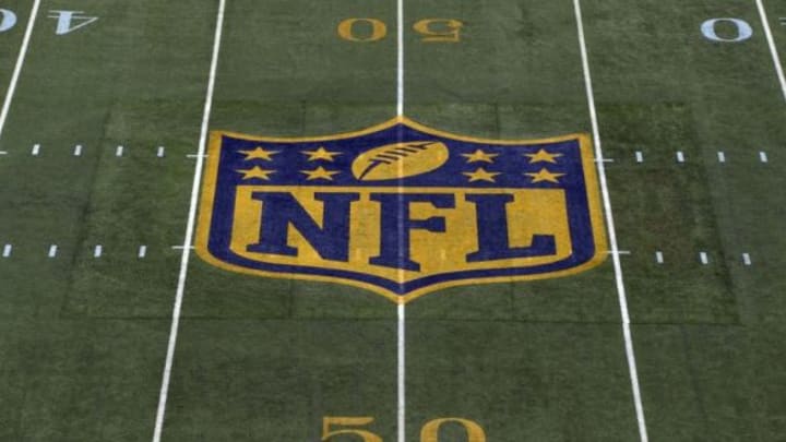 Jan 31, 2016; Honolulu, HI, USA; General view of the NFL gold shield logo at the 50-yard line to commemorate Super Bowl 50 during the 2016 Pro Bowl at Aloha Stadium. Mandatory Credit: Kirby Lee-USA TODAY Sports