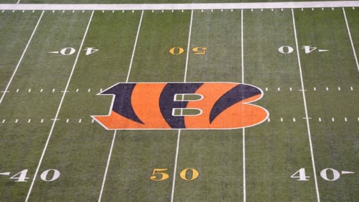 Nov 5, 2015; Cincinnati, OH, USA; General view of Cincinnati Bengals logo at midfield of an NFL football game at Paul Brown Stadium. Mandatory Credit: Kirby Lee-USA TODAY Sports