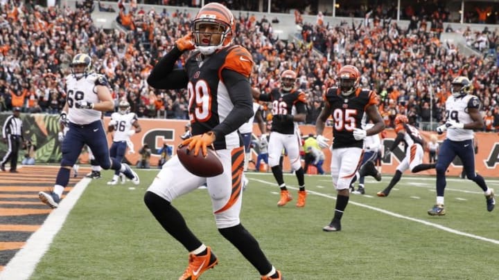 Nov 29, 2015; Cincinnati, OH, USA; Cincinnati Bengals cornerback Leon Hall (29) runs back an interception for a touchdown against the St. Louis Rams in the second half at Paul Brown Stadium. Cincinnati defeated St. Louis 31-7. Mandatory Credit: Mark Zerof-USA TODAY Sports