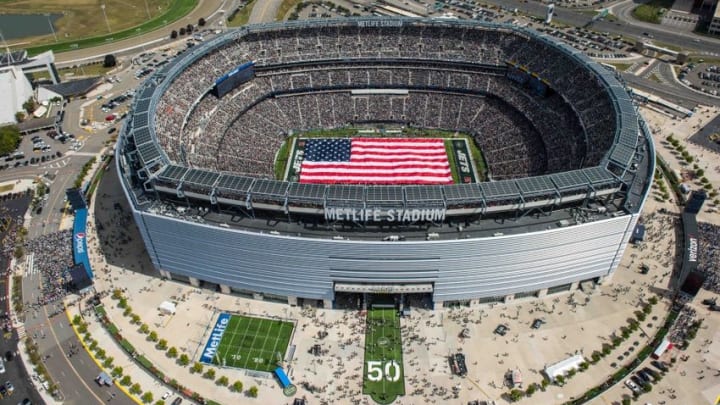 Sep 11, 2016; East Rutherford, NJ, USA; A aerial view of MetLife Stadium during the national anthem with a 100 yard American Flag before the start of the game between the Cincinnati Bengals and the The New York Jets. Mandatory Credit: William Hauser-USA TODAY Sports