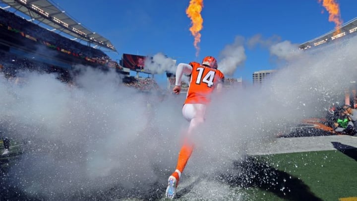 Oct 23, 2016; Cincinnati, OH, USA; Cincinnati Bengals quarterback Andy Dalton (14) takes the field during player introductions prior to the game against the Cleveland Browns at Paul Brown Stadium. The Bengals won 31-17. Mandatory Credit: Aaron Doster-USA TODAY Sports