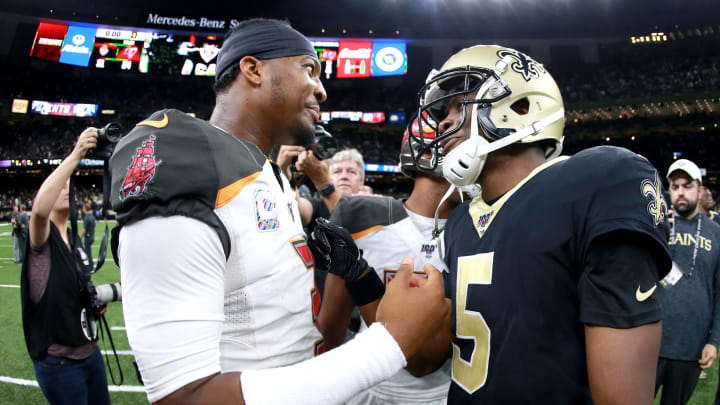 NEW ORLEANS, LOUISIANA – OCTOBER 06: Teddy Bridgewater #5 of the New Orleans Saints is congratulated by Jameis Winston #3 of the Tampa Bay Buccaneers after his team was defeated by th New Orleans Saints 31 – 24 at the Mercedes Benz Superdome on October 06, 2019 in New Orleans, Louisiana. (Photo by Sean Gardner/Getty Images)