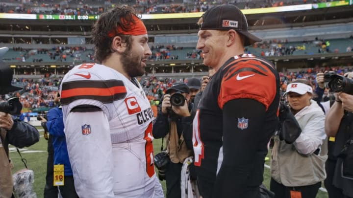 CINCINNATI, OH - DECEMBER 29: Baker Mayfield #6 of the Cleveland Browns and Andy Dalton #14 of the Cincinnati Bengals speak following the game at Paul Brown Stadium on December 29, 2019 in Cincinnati, Ohio. (Photo by Michael Hickey/Getty Images)