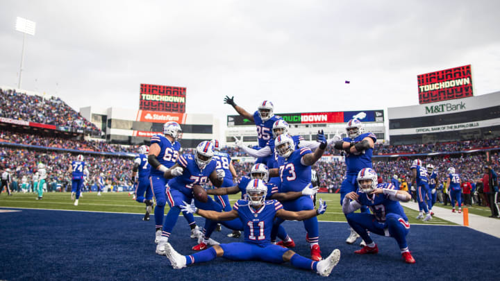 ORCHARD PARK, NY – DECEMBER 30: Buffalo Bills celebrate a touchdown by Robert Foster #16 during the third quarter against the Miami Dolphins at New Era Field on December 30, 2018 in Orchard Park, New York. Buffalo defeats Miami 42-17. (Photo by Brett Carlsen/Getty Images)