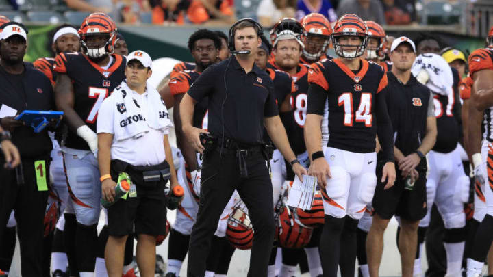 CINCINNATI, OHIO - AUGUST 22: Zac Taylor (center in black) the head coach of the Cincinnati Bengals watches the action against the New York Giants at Paul Brown Stadium on August 22, 2019 in Cincinnati, Ohio. (Photo by Andy Lyons/Getty Images)