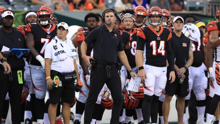 CINCINNATI, OHIO – AUGUST 22: Zac Taylor (center in black) the head coach of the Cincinnati Bengals watches the action against the New York Giants at Paul Brown Stadium on August 22, 2019 in Cincinnati, Ohio. (Photo by Andy Lyons/Getty Images)