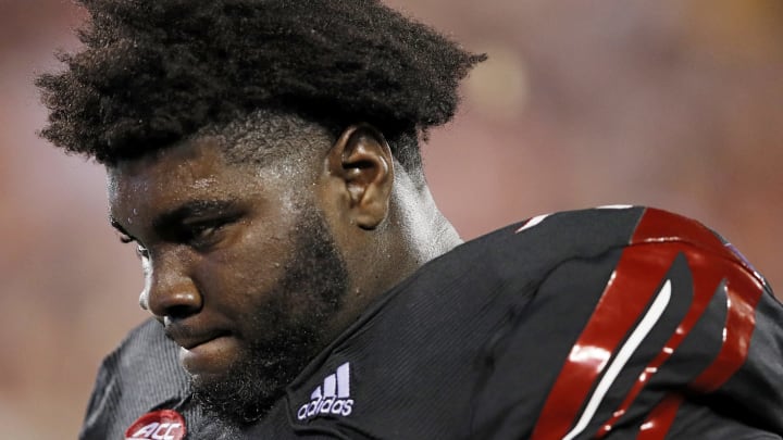 LOUISVILLE, KY – OCTOBER 05: Mekhi Becton #73 of the Louisville Cardinals reacts in the second half of the game against the Georgia Tech Yellow Jackets at Cardinal Stadium on October 5, 2018 in Louisville, Kentucky. (Photo by Joe Robbins/Getty Images)