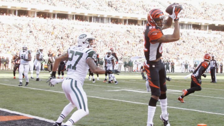 CINCINNATI, OH - OCTOBER 27: Marvin Jones #82 of the Cincinnati Bengals hauls in the touchdown pass during the game against the New York Jets at Paul Brown Stadium on October 27, 2013 in Cincinnati, Ohio. The Bengals defeated the Jets 49-9. (Photo by John Grieshop/Getty Images)