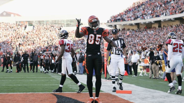 CINCINNATI – OCTOBER 29: Chad Johnson #85 of the Cincinnati Bengals celebrates in the end zone after making a touchdown catch against the Atlanta Falcons at Paul Brown Stadium on October 29, 2006 in Cincinnati, Ohio. The Falcons defeated the Bengals 29-27. (Photo by Joe Robbins/Getty Images)