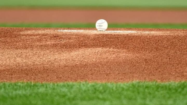 Jun 15, 2016; Philadelphia, PA, USA; Baseball waits on the mound before start of game between Philadelphia Phillies and Toronto Blue Jays at Citizens Bank Park. Mandatory Credit: Eric Hartline-USA TODAY Sports