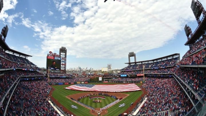 Apr 11, 2016; Philadelphia, PA, USA; A military aircraft flies over Citizens Bank Park during the national anthem before start of game between the Philadelphia Phillies and the San Diego Padres on Opening Day. Mandatory Credit: Eric Hartline-USA TODAY Sports