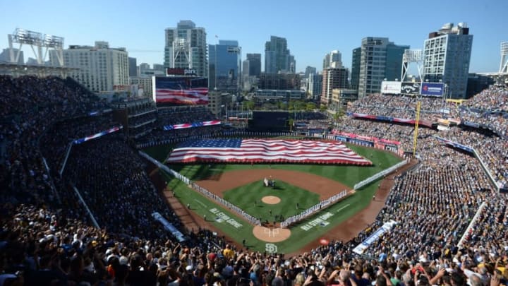 Jul 12, 2016; San Diego, CA, USA; A general view during the playing of the national anthem before the 2016 MLB All Star Game at Petco Park. Mandatory Credit: Jake Roth-USA TODAY Sports