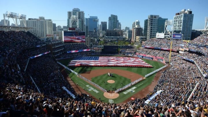 Jul 12, 2016; San Diego, CA, USA; A general view during the playing of the national anthem before the 2016 MLB All Star Game at Petco Park. Mandatory Credit: Jake Roth-USA TODAY Sports