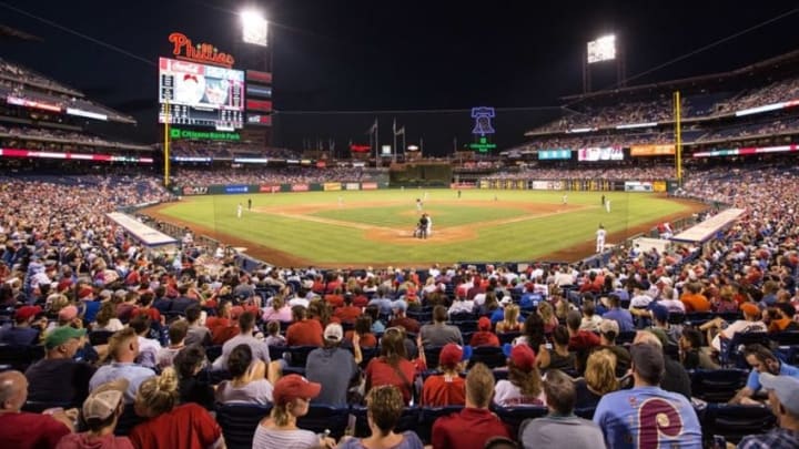 Aug 3, 2016; Philadelphia, PA, USA; General view of gameplay during the fifth inning between the Philadelphia Phillies and the San Francisco Giants at Citizens Bank Park. Mandatory Credit: Bill Streicher-USA TODAY Sports