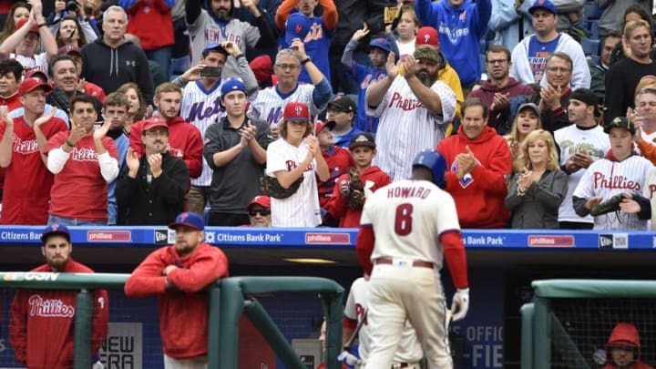 Oct 1, 2016; Philadelphia, PA, USA; Fans give Philadelphia Phillies first baseman Ryan Howard (6) a standing ovation after striking out during the ninth inning against the New York Mets at Citizens Bank Park. The Mets won 5-3. Mandatory Credit: Derik Hamilton-USA TODAY Sports