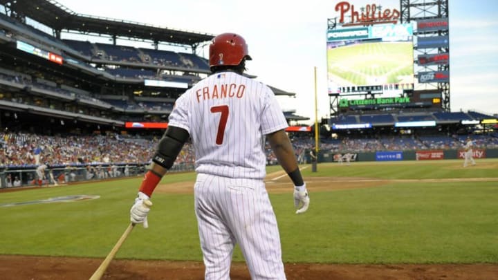 May 31, 2016; Philadelphia, PA, USA; Philadelphia Phillies third baseman Maikel Franco (7) waits on deck against the Washington Nationals at Citizens Bank Park. Mandatory Credit: Eric Hartline-USA TODAY Sports