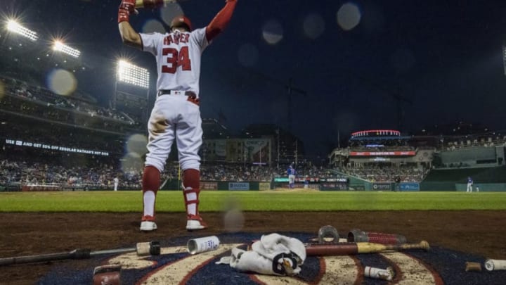 WASHINGTON, DC - SEPTEMBER 08: Bryce Harper #34 of the Washington Nationals warms up against the Chicago Cubs during the seventh inning of game one of a doubleheader at Nationals Park on September 8, 2018 in Washington, DC. (Photo by Scott Taetsch/Getty Images)