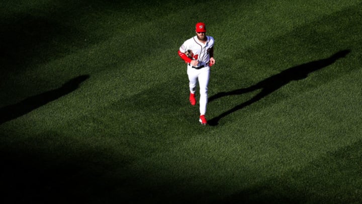 WASHINGTON, DC - SEPTEMBER 26: Bryce Harper #34 of the Washington Nationals jogs off the field during the end of the third inning against the Miami Marlins at Nationals Park on September 26, 2018 in Washington, DC. (Photo by Rob Carr/Getty Images)