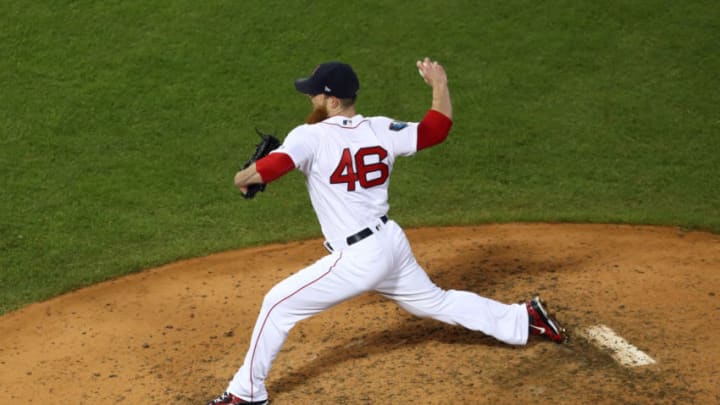 BOSTON, MA - OCTOBER 23: Craig Kimbrel #46 of the Boston Red Sox pitches in the ninth inning during Game 1 of the 2018 World Series against the Los Angeles Dodgers at Fenway Park on Tuesday, October 23, 2018 in Boston, Massachusetts. (Photo by Adam Glanzman/MLB Photos via Getty Images)