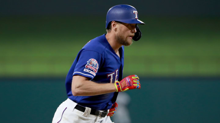 ARLINGTON, TEXAS – MAY 20: Hunter Pence #24 of the Texas Rangers rounds the bases after hitting a two-run home run against the Seattle Mariners in the bottom of the seventh inning at Globe Life Park in Arlington on May 20, 2019 in Arlington, Texas. (Photo by Tom Pennington/Getty Images)