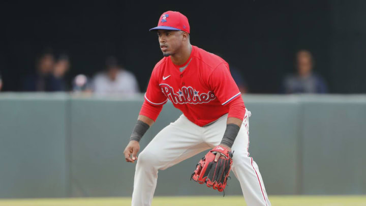 FORT MYERS, FLORIDA - FEBRUARY 26: Jean Segura #2 of the Philadelphia Phillies in action against the Minnesota Twins during a Grapefruit League spring training game at Hammond Stadium on February 26, 2020 in Fort Myers, Florida. (Photo by Michael Reaves/Getty Images)