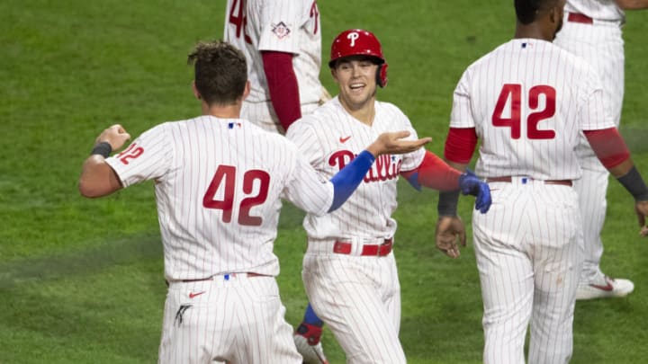 Scott Kingery #42 of the Philadelphia Phillies (Photo by Mitchell Leff/Getty Images)