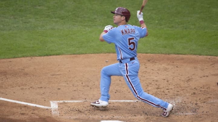 Andrew Knapp #5 of the Philadelphia Phillies (Photo by Mitchell Leff/Getty Images)