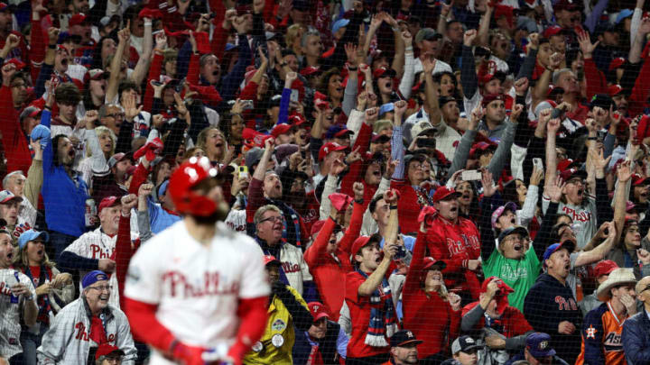 Fans react after Bryce Harper #3 of the Philadelphia Phillies (Photo by Tim Nwachukwu/Getty Images)