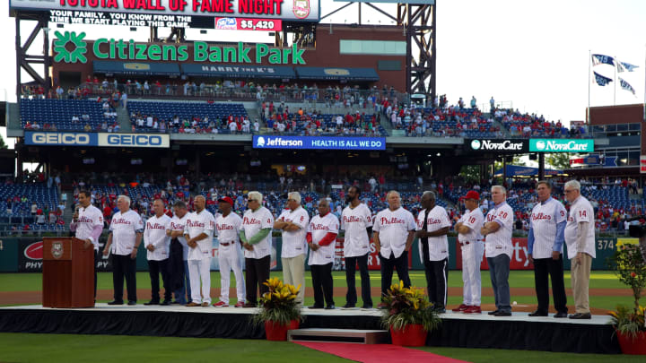 PHILADELPHIA, PA – JULY 31: Past players of the Philadelphia Phillies stand on stage during the Pat Burrell “Wall of Fame” Induction ceremony before a game against the Atlanta Braves at Citizens Bank Park on July 31, 2015 in Philadelphia, Pennsylvania. The Phillies won 9-3. (Photo by Hunter Martin/Getty Images)