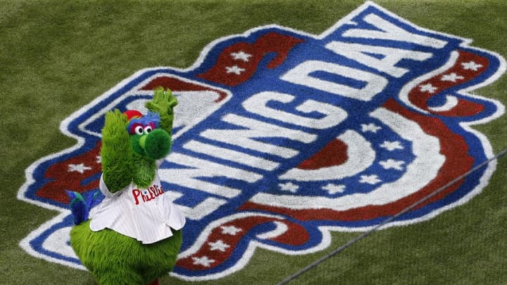 PHILADELPHIA, PENNSYLVANIA - APRIL 11: The Phillie Phanatic in action during opening day ceremonies before the start of an MLB game against the San Diego Padres and Philadelphia Phillies at Citizens Bank Park on April 11, 2016 in Philadelphia, Pennsylvania. (Photo by Rich Schultz/Getty Images)