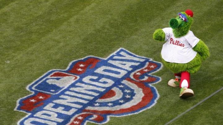 PHILADELPHIA, PA - APRIL 07: The Phillie Phanatic performs before an opening day game between the Philadelphia Phillies the Washington Nationals at Citizens Bank Park on April 7, 2017 in Philadelphia, Pennsylvania. (Photo by Rich Schultz/Getty Images)