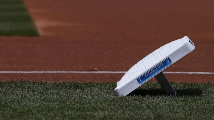 PHILADELPHIA, PA - JUNE 18: All basses are marked with Fathers Day plaques before a game between the Arizona Diamondbacks and Philadelphia Phillies at Citizens Bank Park on June 18, 2017 in Philadelphia, Pennsylvania. (Photo by Rich Schultz/Getty Images)