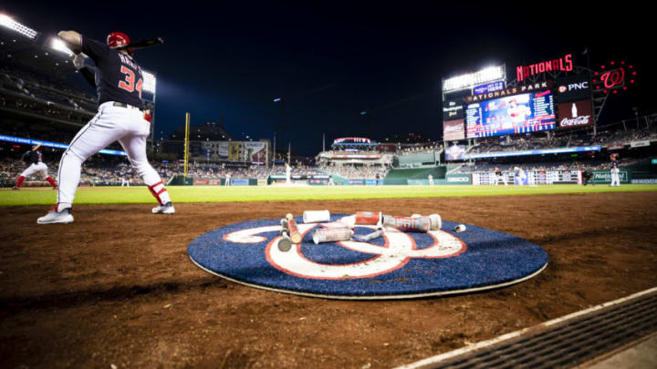 WASHINGTON, DC - MAY 01: Bryce Harper #34 of the Washington Nationals warms up in the batters circle before hitting a three run home run against the Pittsburgh Pirates during the fifth inning at Nationals Park on May 1, 2018 in Washington, DC. (Photo by Scott Taetsch/Getty Images)