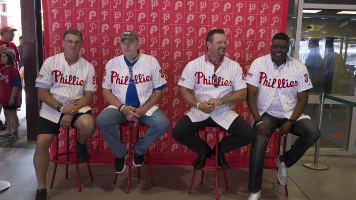 PHILADELPHIA, PA – JUNE 9: (L-R) Former Philadelphia Phillies pitchers Danny Jackson, Curt Schilling, Tommy Greene, and Ben Rivera pose for a picture prior to the game against the Milwaukee Brewers at Citizens Bank Park on June 9, 2018 in Philadelphia, Pennsylvania. (Photo by Mitchell Leff/Getty Images)